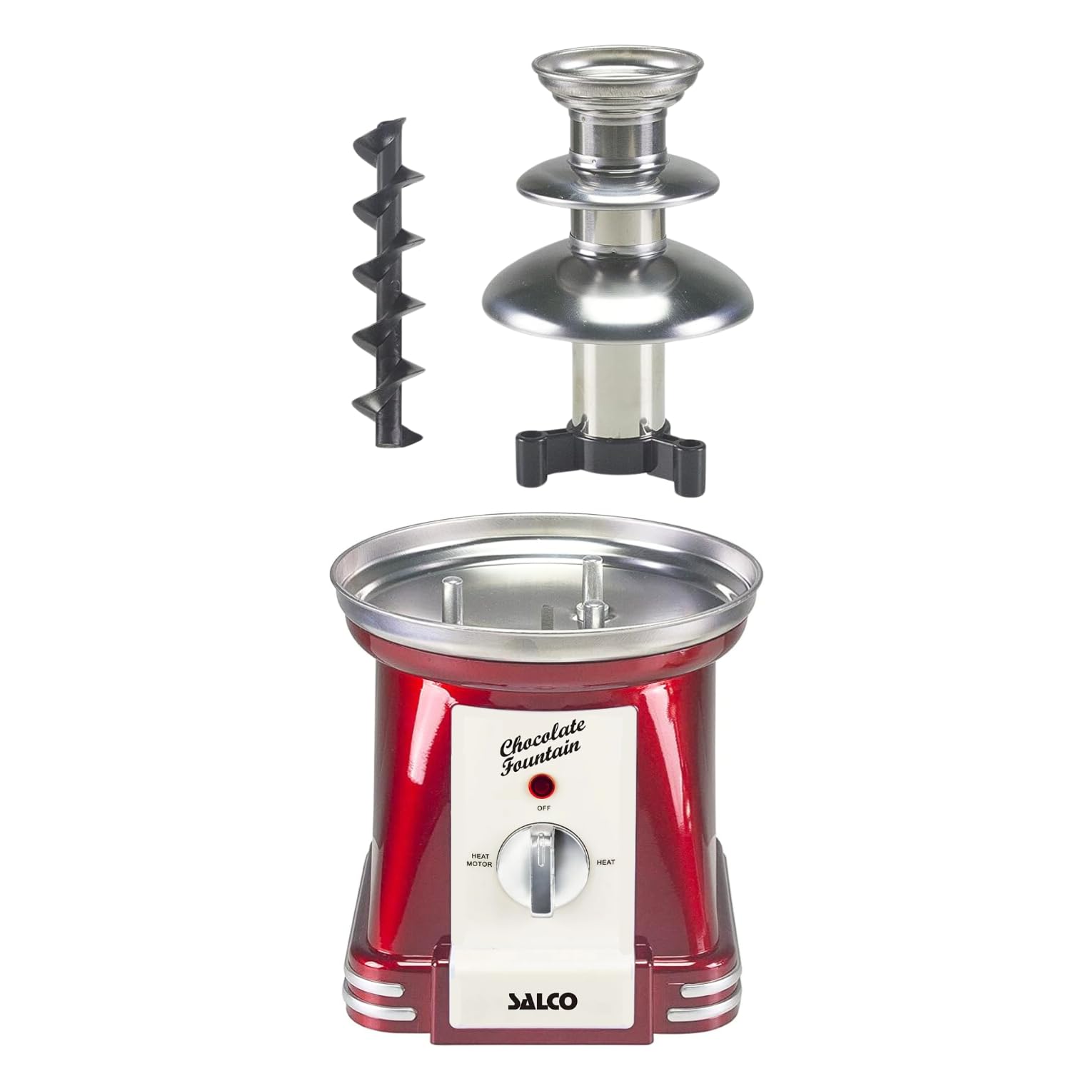 Salco Schokobrunnen | 3-stufiger Chocolate Fountain | Retro-Style | Edelstahl | Mit Wendelschnecke | 90 Watt | Perfekt für Früchte, Kekse & mehr | Leichte Reinigung | Metallic-Rot