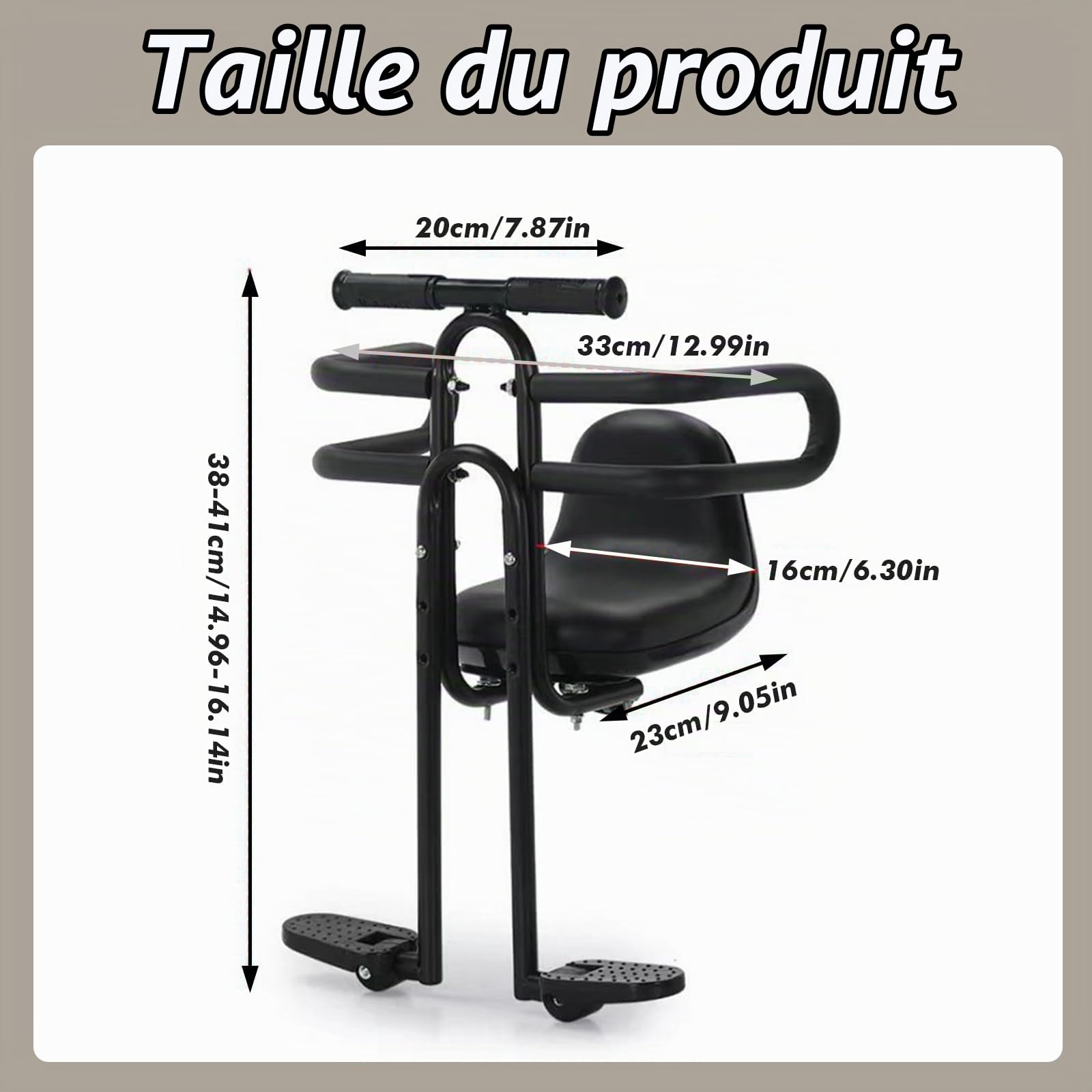 Siège de vélo avant pour enfant - Pour VTT et vélo de ville - Repose-pieds pliables - Barre de sécurité et siège rembourré - Pour 2 à 6 ans (jusqu'à 30 kg)