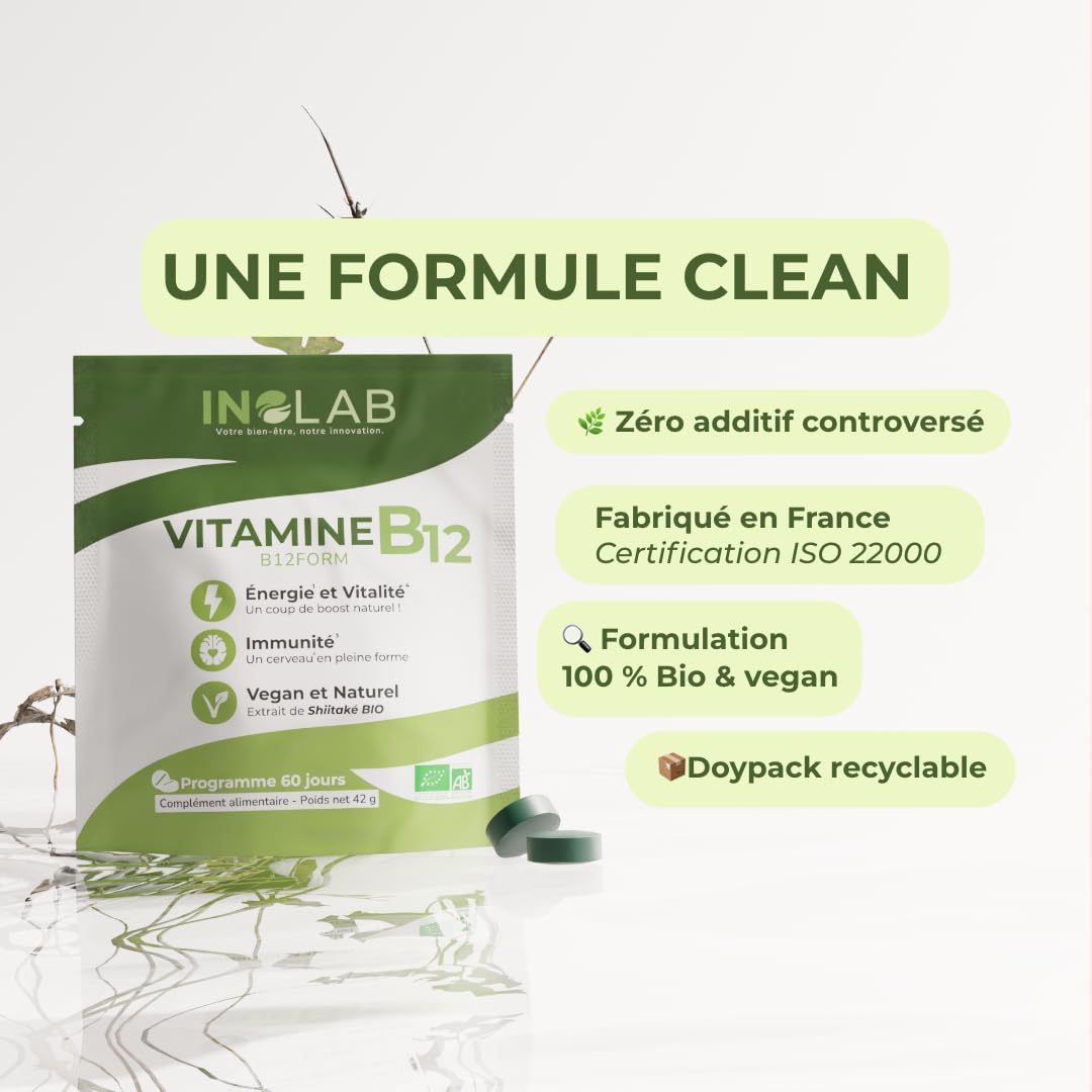 INOLAB VITAMINE B12 - Biologique, Vegan/Extrait de Shiitaké Bio/Methylcobalamine, Adénosylcobalamine & Hydroxocobalamine/B12FORM Haute biodisponibilité