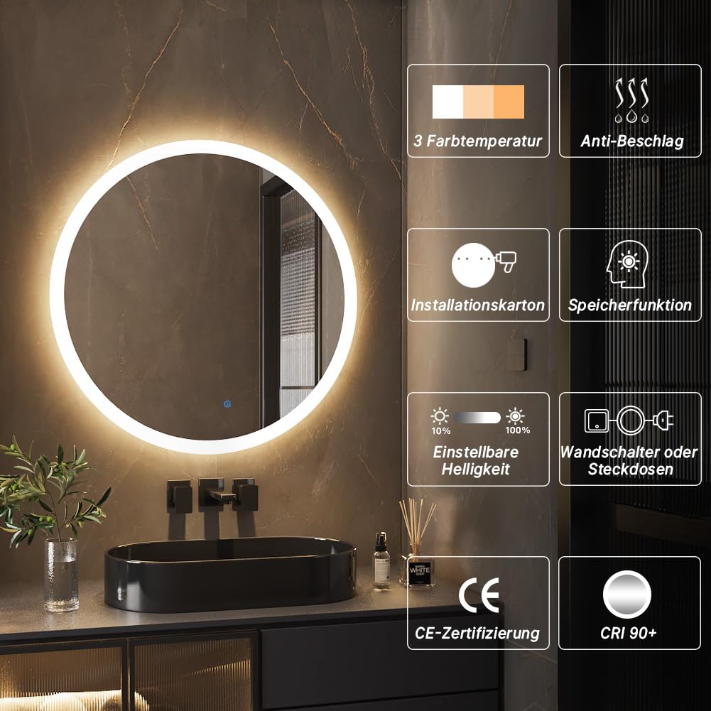 80cm Runder Badspiegel mit Beleuchtung, 3D Edge Lighting, 3 Farbtemperaturen, Dimmbar, Badezimmerspiegel mit Beleuchtung, Entfogging, Speicherfunktion, Modernes Design, HD, Touch-Schalter