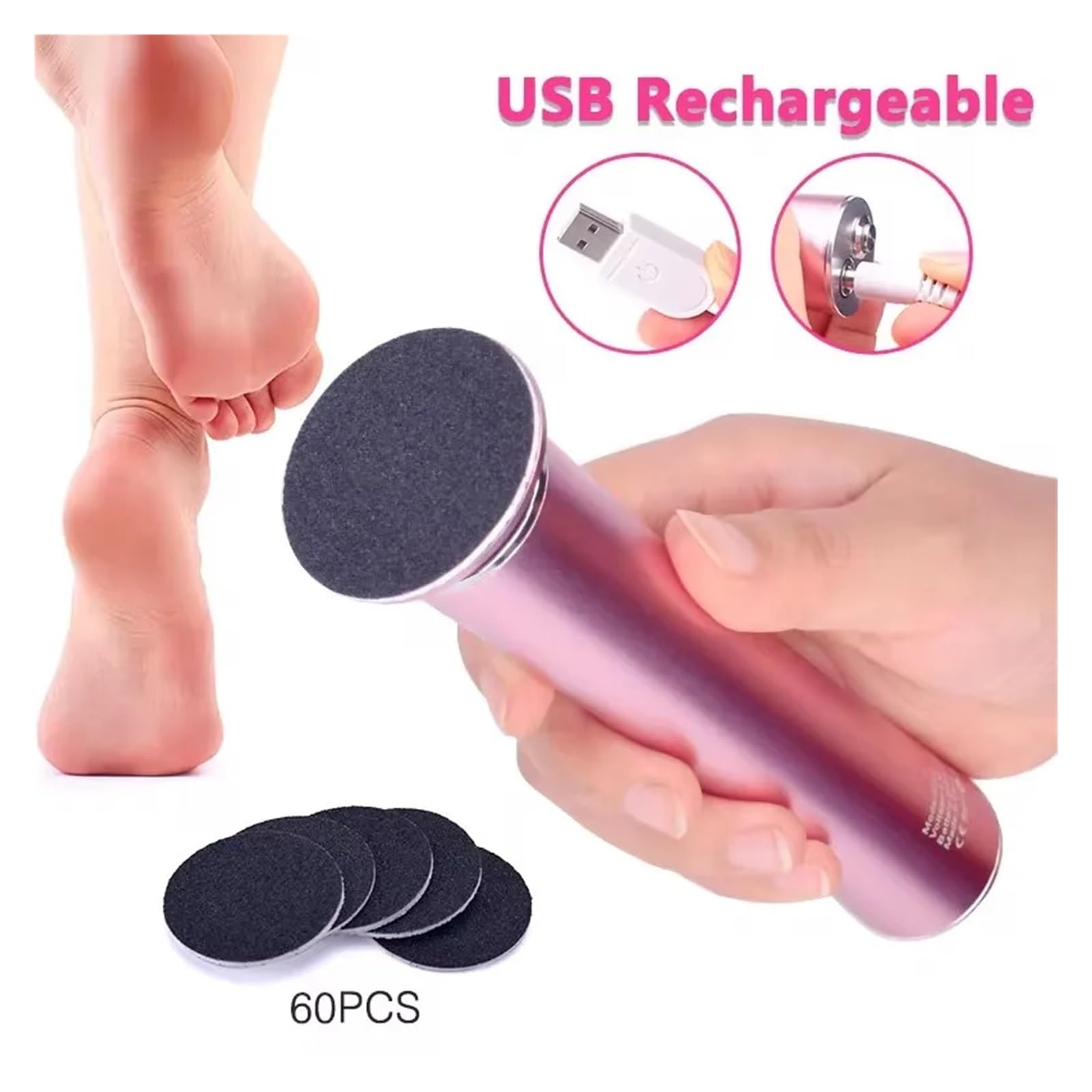 Rape - Grattugia elettrica senza fili, ricaricabile tramite USB, elimina calli e cuticole, strumento per pedicure, cura dei talloni, con carta vetrata (Pink)