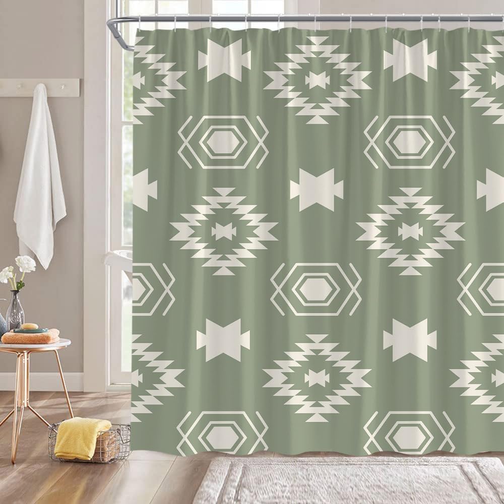 Western Boho Extra Long Shower Curtain Aztec Abstract Geometric Tribal Native Southwestern Sage Green Fabic with Hooks for Bathroom Decor,70x78 Inch