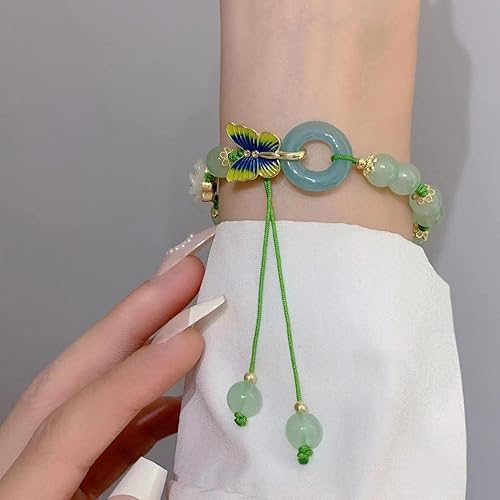 Vista 5 de Pulsera de piedra de jade natural para mujer, pulsera de piedra de jade esmeralda natural, ajustable, melocotón, hecha a mano, verde hetian jade
