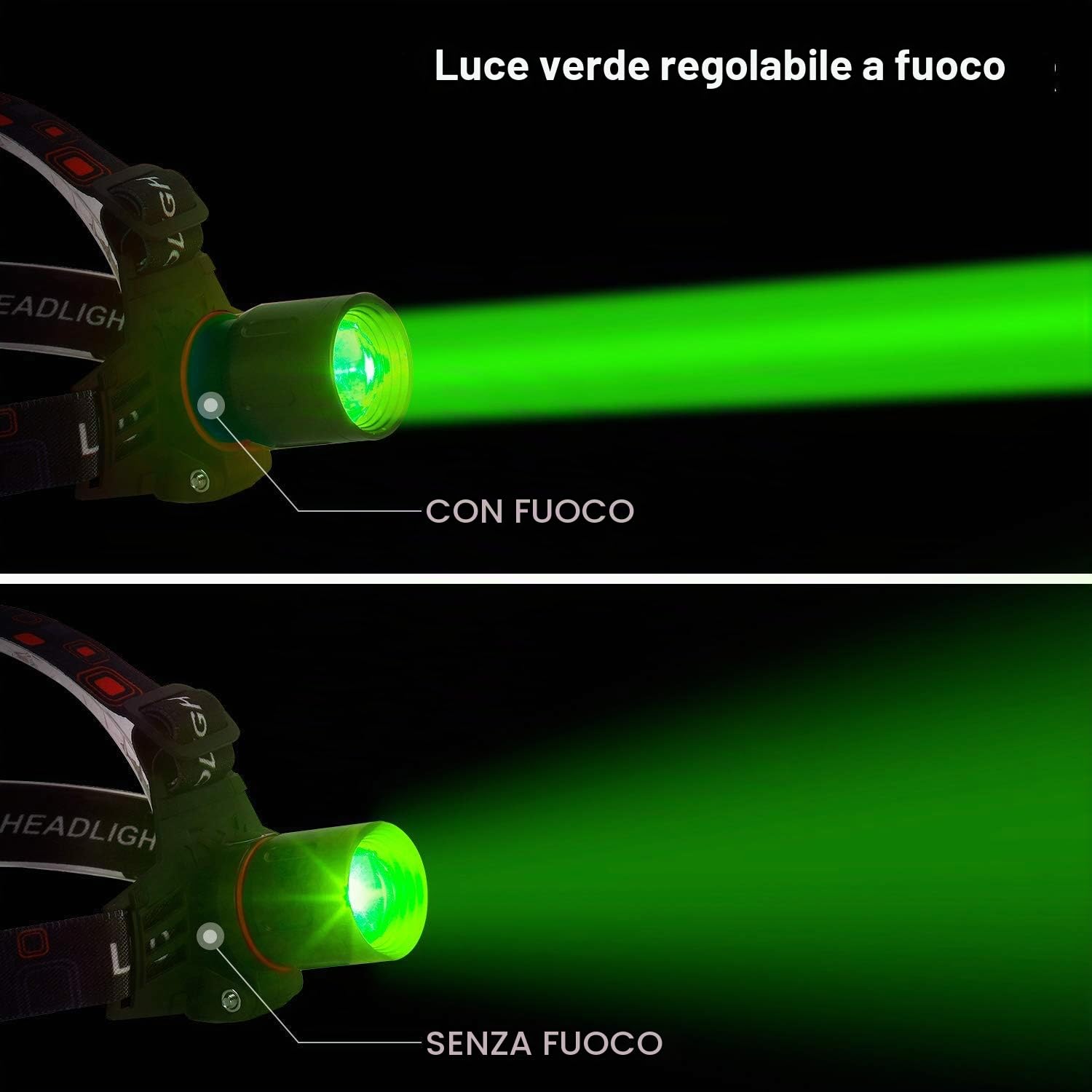 Lampada frontale con luce verde ad alta intensità, 1000 Lumen, Zoom, Luci stroboscopiche, Ricaricabile USB, Impermeabile, per Caccia, Campeggio, Escursionismo, Pesca