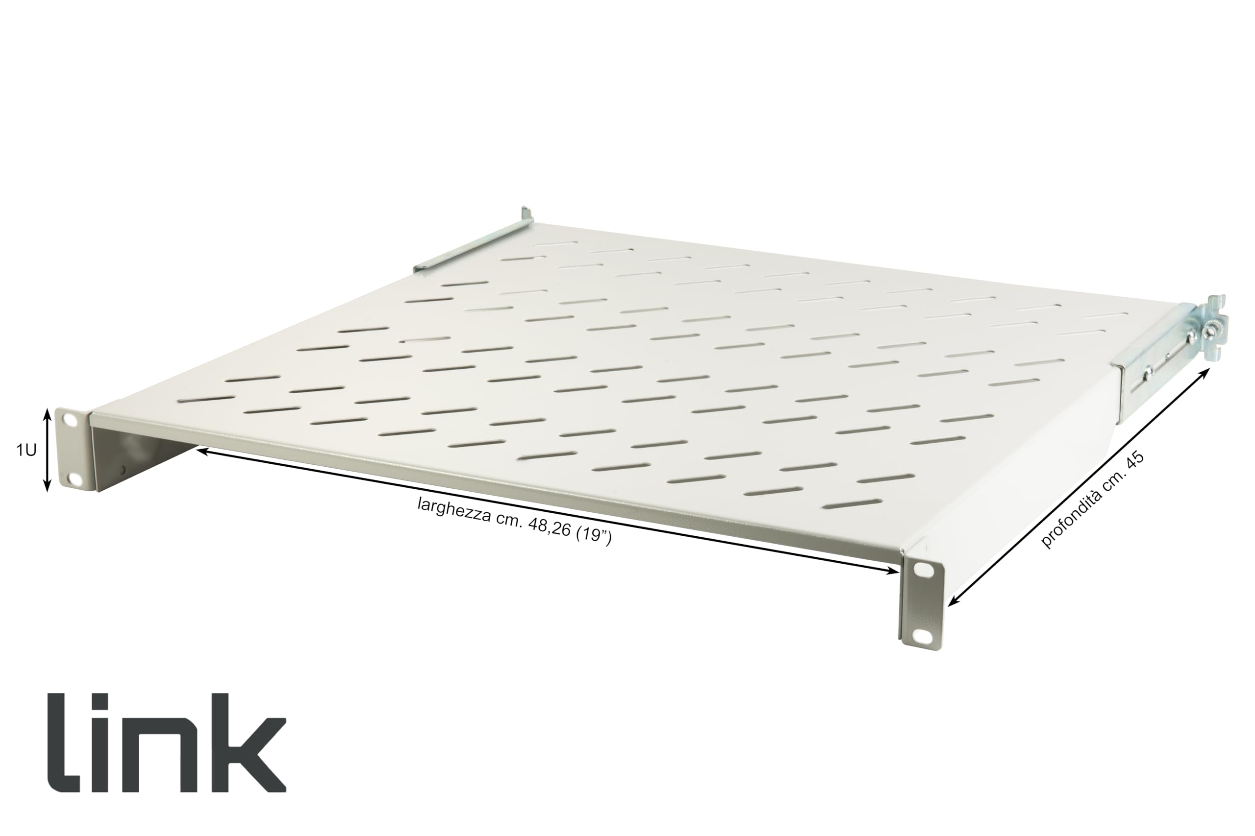 Link LKRIP450L - Ripiano in acciaio per armadio rack 19" universale (profondità 45-55 cm, grigio chiaro RAL7035) – 4 agganci frontali e posteriori – Portata 50 kg e superficie traforata per aerazione