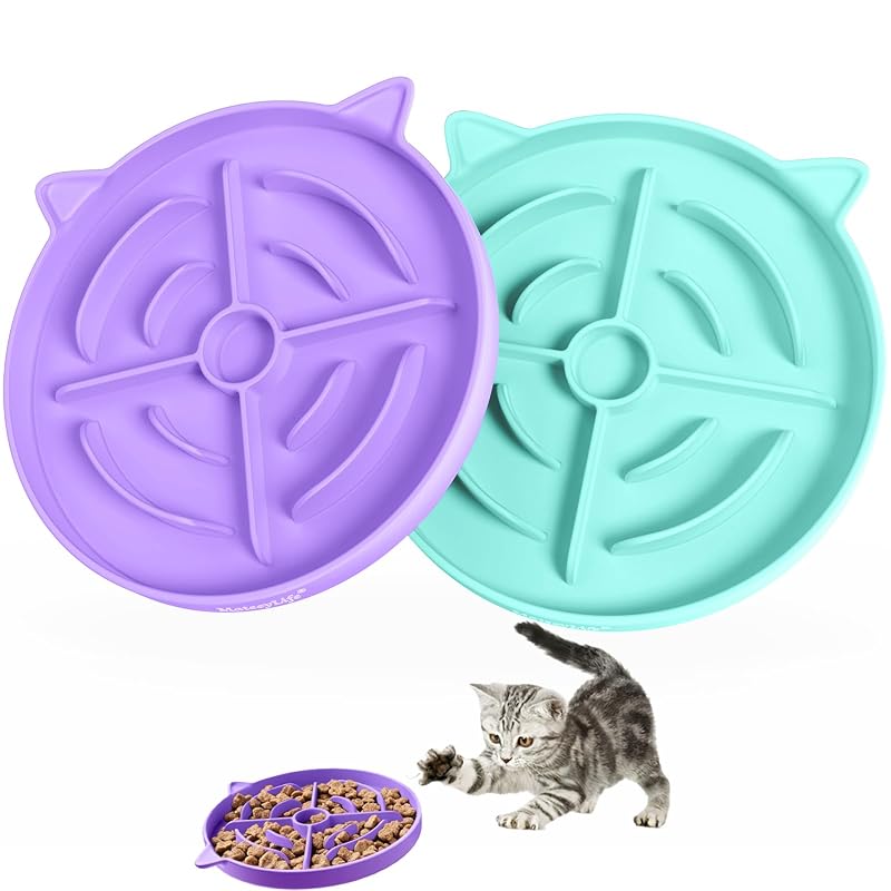 Pote comedouro lento para gatos em silicone MateeyLife, design de alvo, Purple + Cyan, pacote com 2