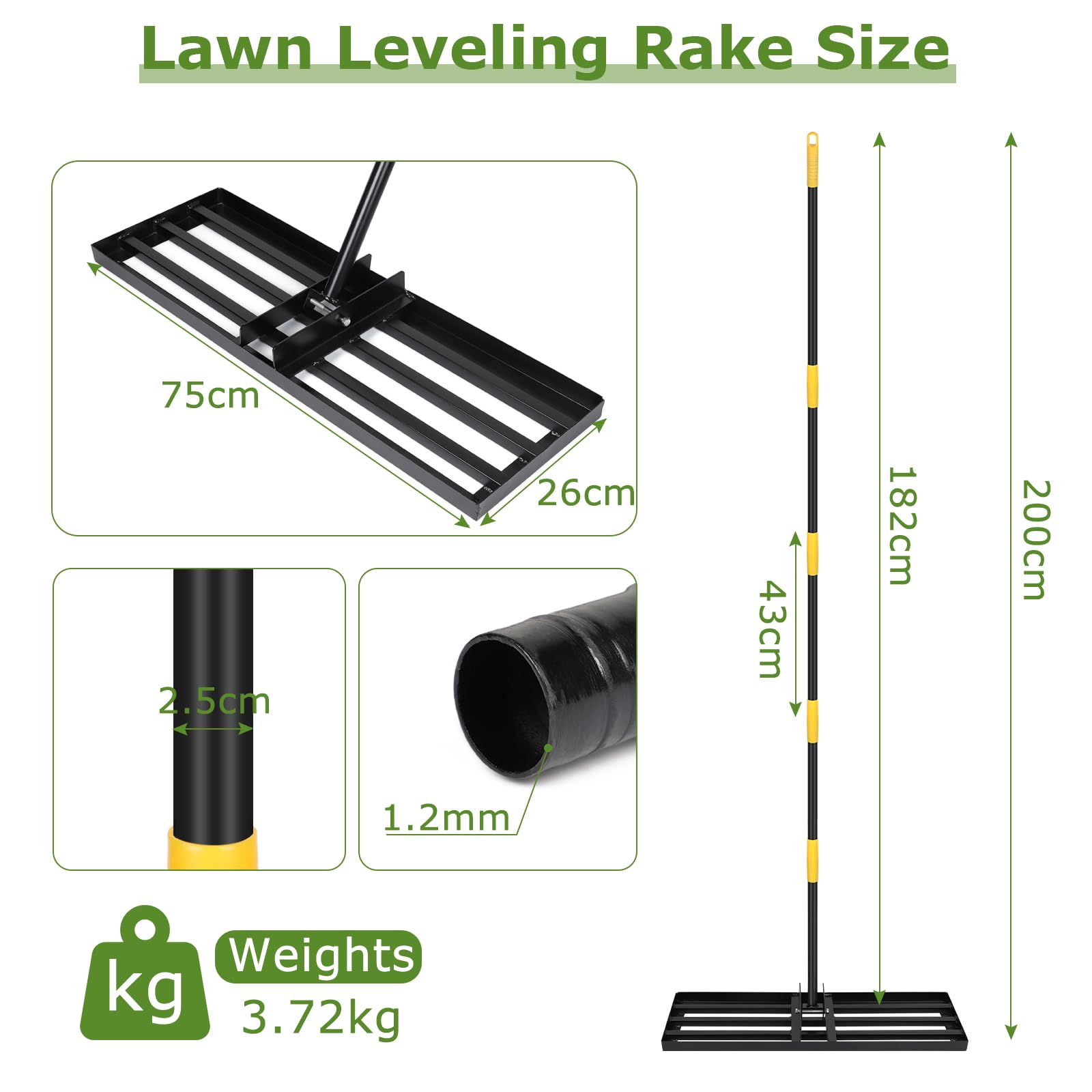 DBREAKS Rastrillo Nivelador de Césped, 75 x 26 x 182 cm, Herramienta Niveladora de Césped con Mango Ajustable, Nivelador de Suelo de Metal Resistente y Resistente al Óxido para Patio, Cancha de Golf