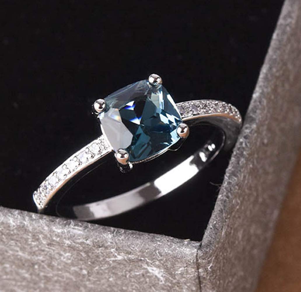 Cuteshop14k White Gold Plated Sterling Silver Peacock Blue Topaz Square Diamond Ring Gemstone Ring Aquamarine Gemstone Wedding Bridal Band Ring for Women (8)