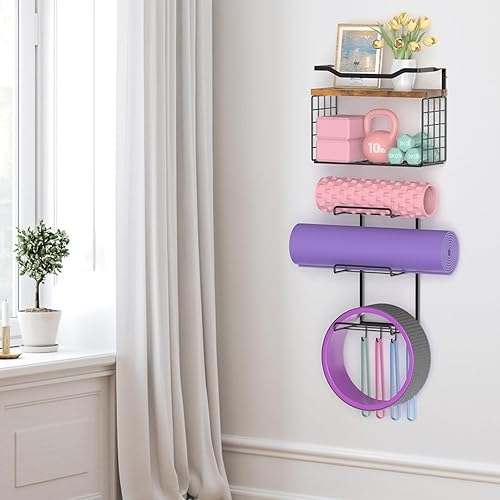 Miniatura 2 de Soporte de pared para esterilla de yoga, estante de almacenamiento de accesorios de yoga, organizador de accesorios de gimnasio en casa con estantes