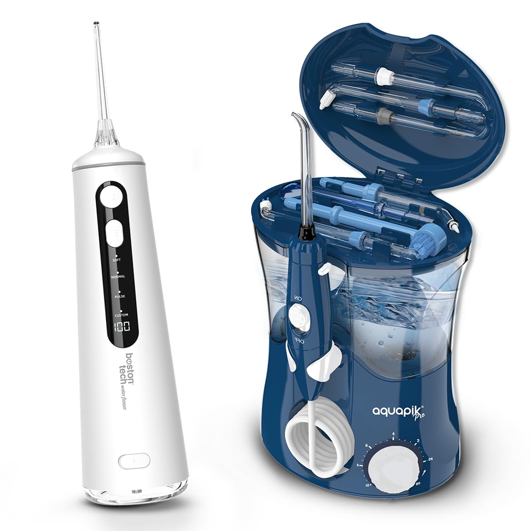 Compra Inteligente: Aquapik® PRO Irrigador dental Sobremesa + Aquapik® Travel en un Pack | Ahorra y Cuida Tu Salud Bucal en Casa y Viaje |Cubre diferentes necesidades bucales | Cuidado Premium