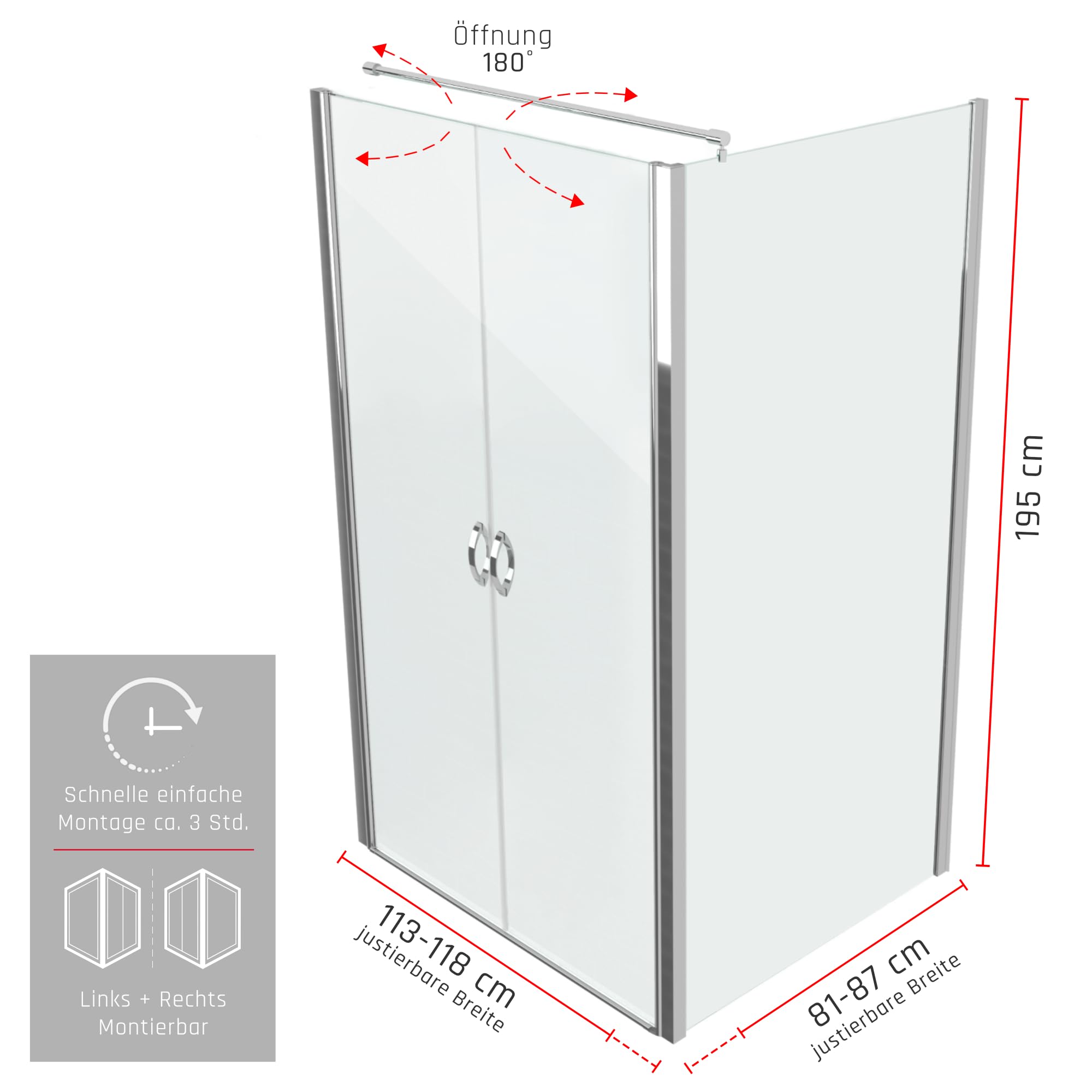 BIJON Duschkabine 115x85 Eckdusche Pendeltür, Klarglas 6mm ESG