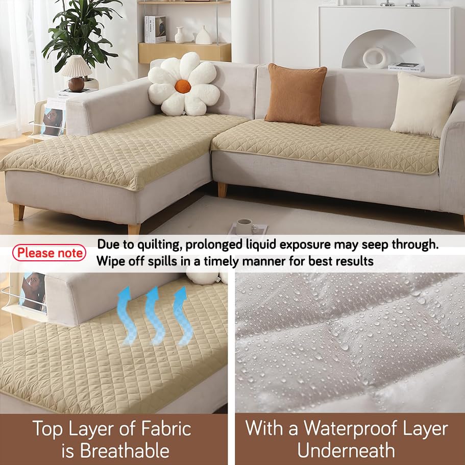 Image of HOKIPO Polyester Quilted Waterproof Sofa Cover Mats For 1 /2 /3 Seater Sofa And L Shape. Make Your Own Sofa Cover Set, Mat Length 81(D) X 60(L) Cm, Beige (Ar-4963-W2)