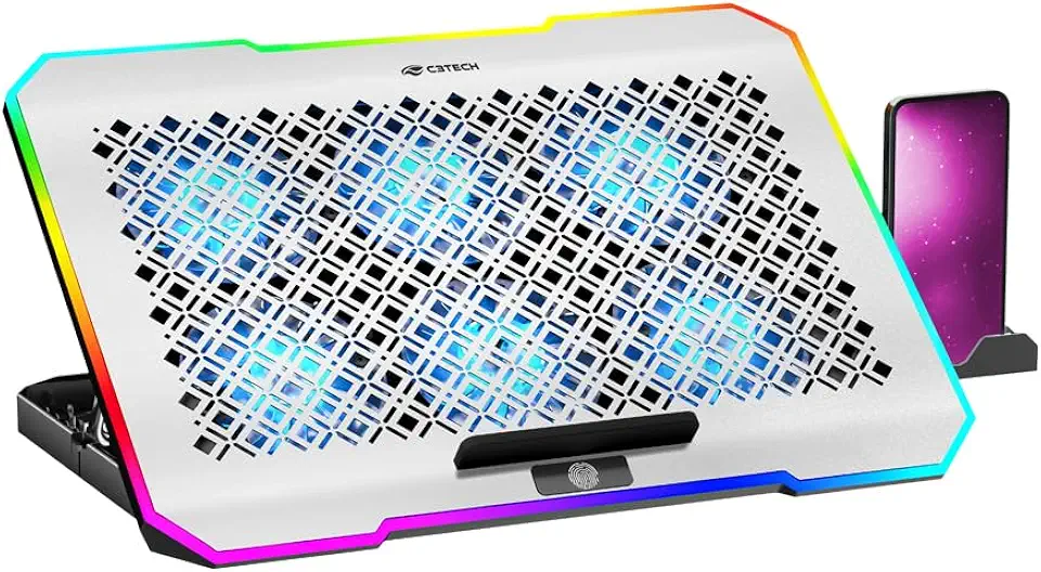 C3Tech Base refrigerada Gamer para Notebook, NBC-550SI 17,3", Cinza, 5 niveis de ajustes de inclinacao, ajuste de velocidade, Iluminacao RGB em 10 modos, superficie em aluminio, suporte para celular