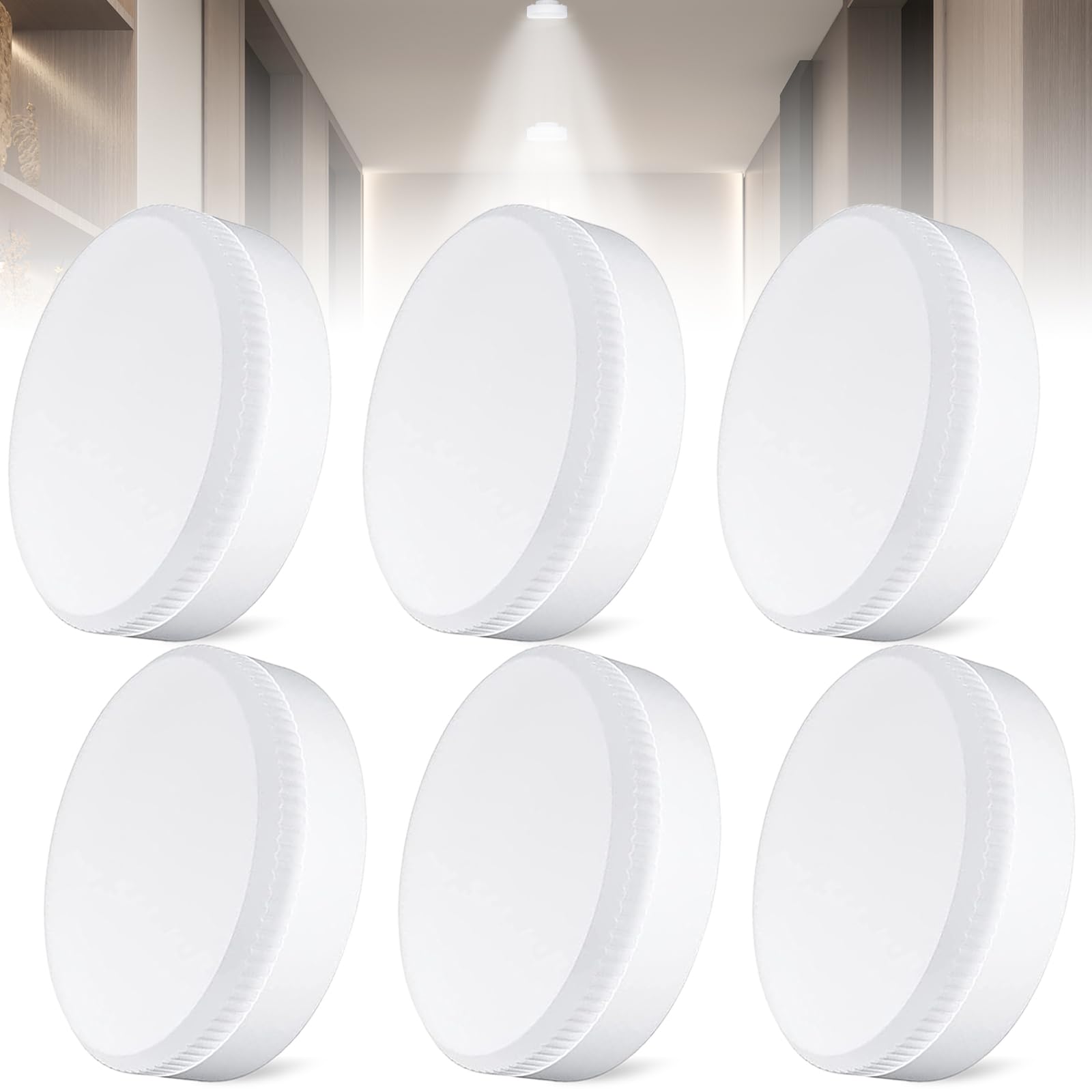 GOMETY Pack of 6 GX53 LED Warm White 7W 3000K Replaces Halogen Bulb, 700LM GX53 LED Recessed Spotlight, LED Spotlight for Cabinets Non-Dimmable for Reading Light or Chandelier