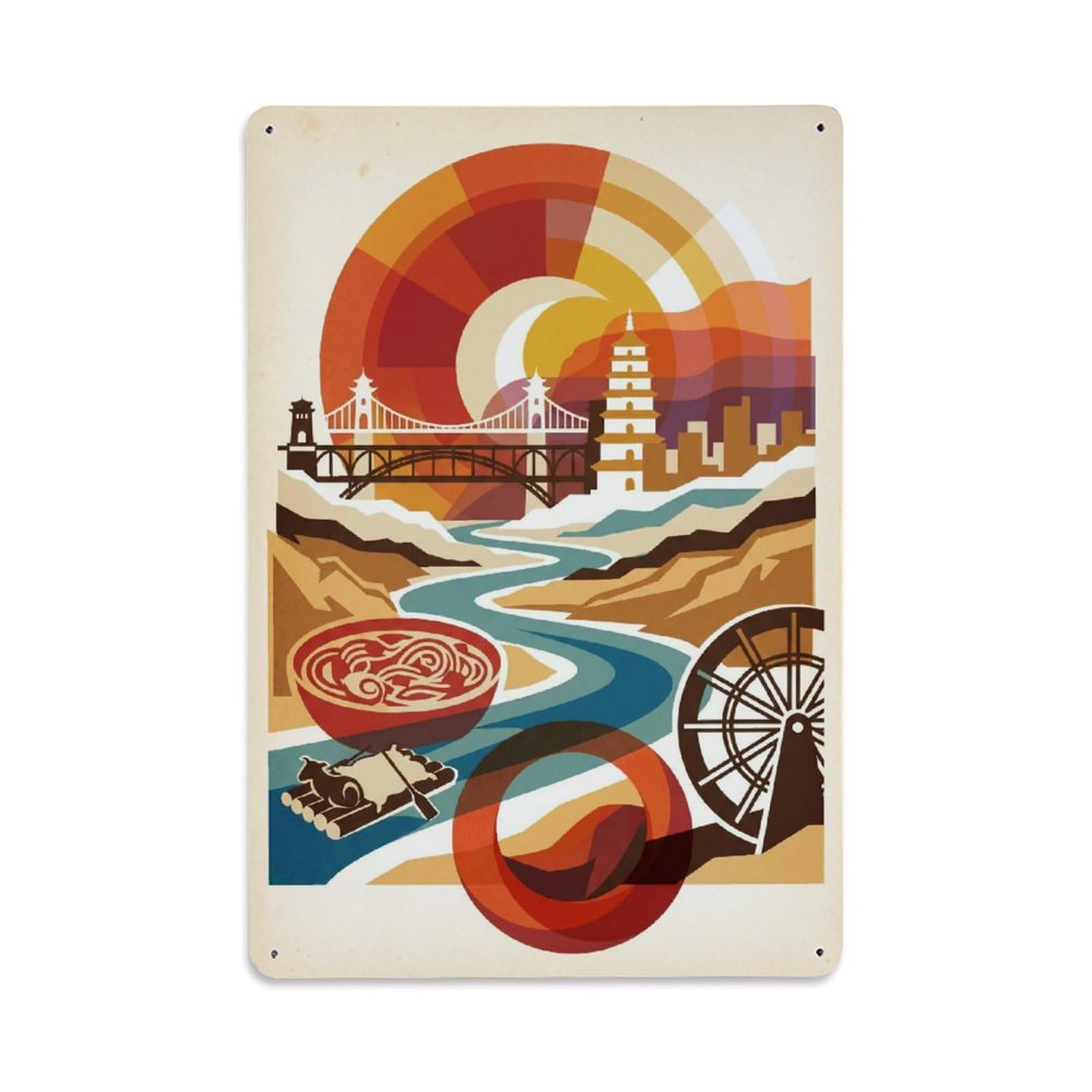 Okngb Style Illustration Lanzhou Travel Landmark Urban Graphic Metal Tin Sign Plaque Wall Decor For Cafe, Man Cave, Club Bar, Office, Home Garden Round Metal Poster 8X12inch