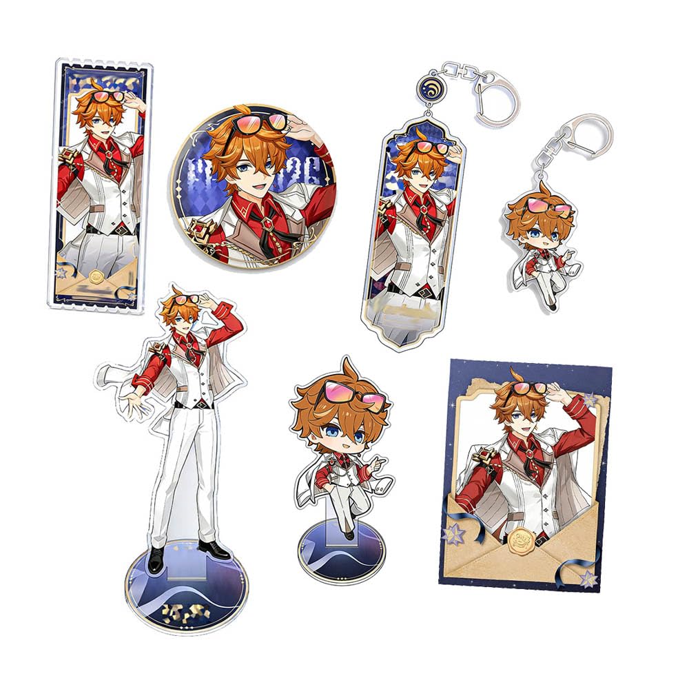 JUSONGKWCP Tartaglias Figure Merch 7 Pieces | Genshens Tartaglias Keychain Badge Acryl Stand | Cool Desk Decorations Set