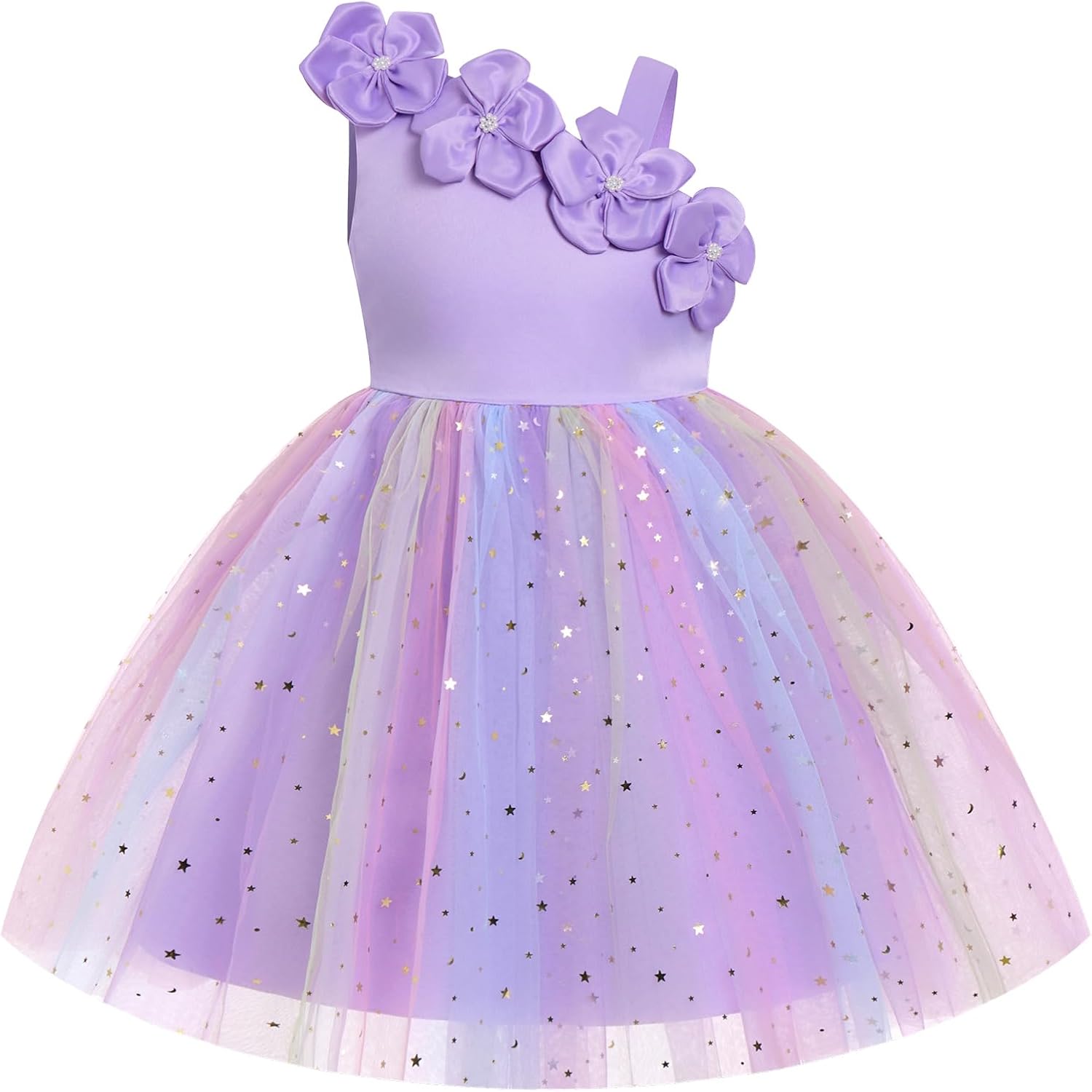 Flower Girl One Shoulder Formal Wedding Tulle Dress Toddler Bridesmaid Kids Pageant Floral Rainbow Birthday Outfits