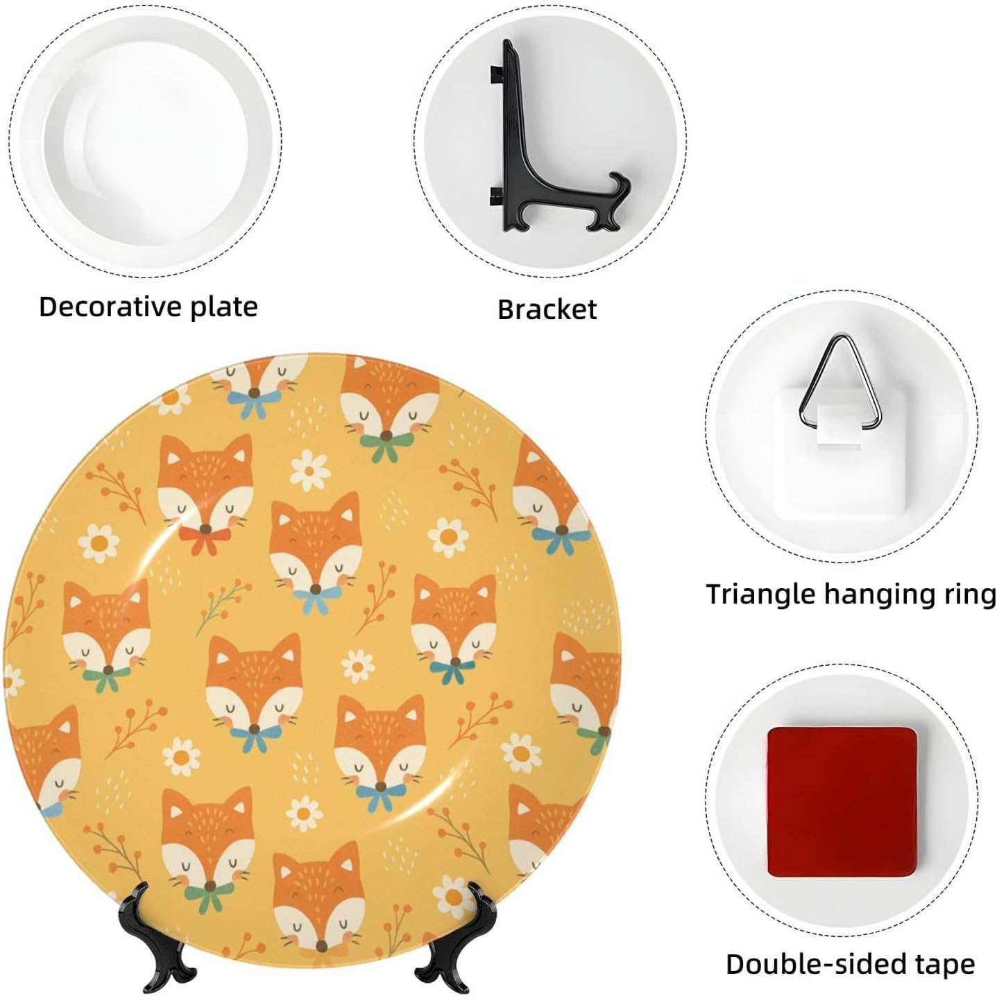 Cartoon Fox Pattern 10 Inch Decorative Plate With Stand, Elegant Display Wall Plate For Home Decor
