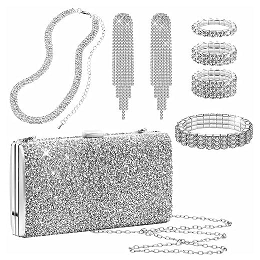 5 Pièces Ensembles de Bijoux en Argent pour Femme,Kucheed Glitter Soirée Pochette Strass Collier Bracelet Bague,Cristal Pendre Boucles D'oreilles à Franges pour la Fête de Mariage