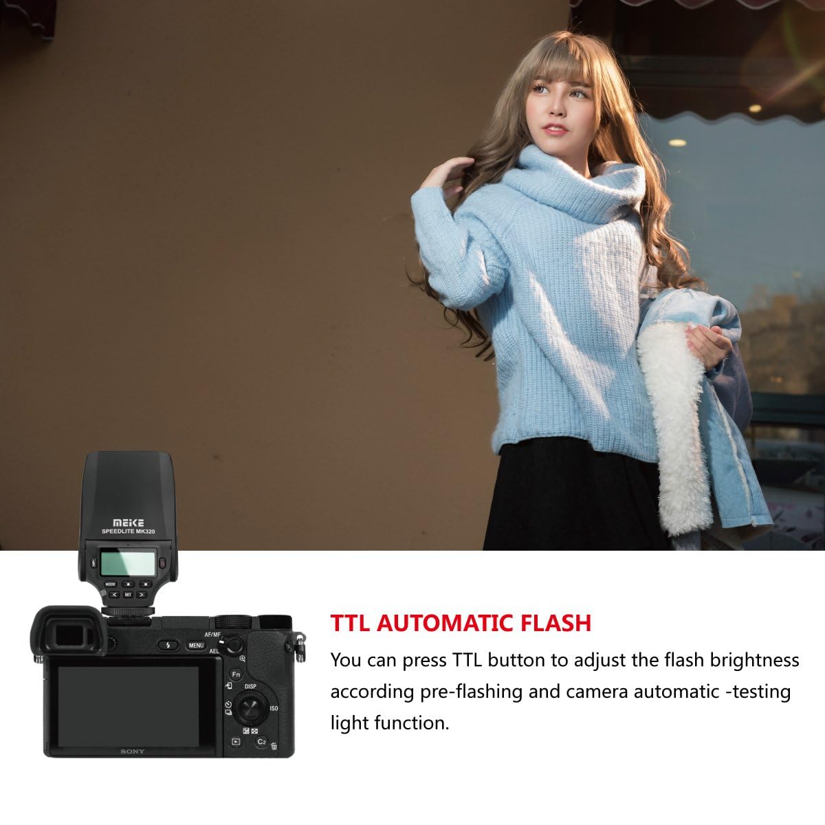 Meike MK-320S Mini TTL Speedlite Flash for Sony MI Hot Shoe A7 A7II NEX6 A6000 A6300 A6500