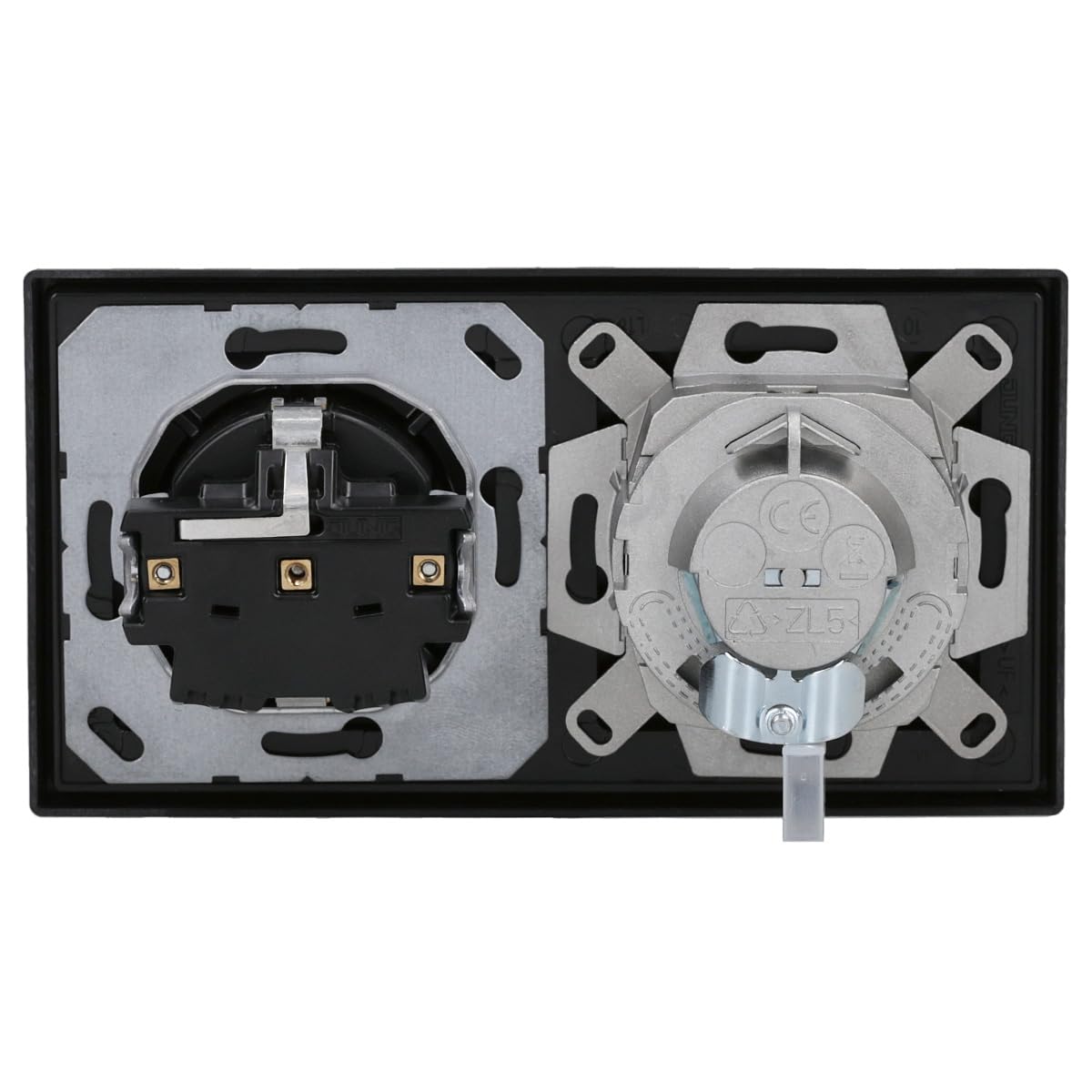 JUNG Serie LS Cat.6A Doppel-Netzwerkdose & Steckdose Graphitschwarz Matt | mit Cat.6A UAE-Anschlussdose, LS969-2UASWM Abdeckung, LS1520SWM Steckdose, LS982SWM Rahmen 2-fach