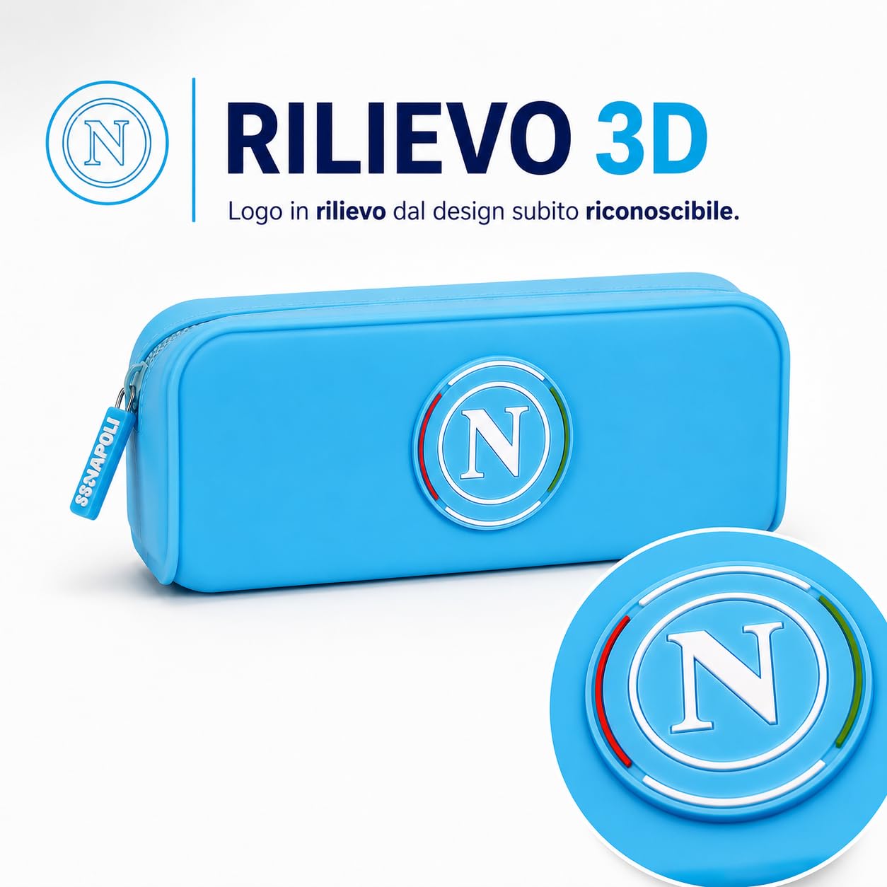 Colourbook Astuccio SSC Napoli Azzurro Silicone Lavabile Portapenne Scuola Logo 3D Zip Gadget Calcio 19,5x7x5,5 cm