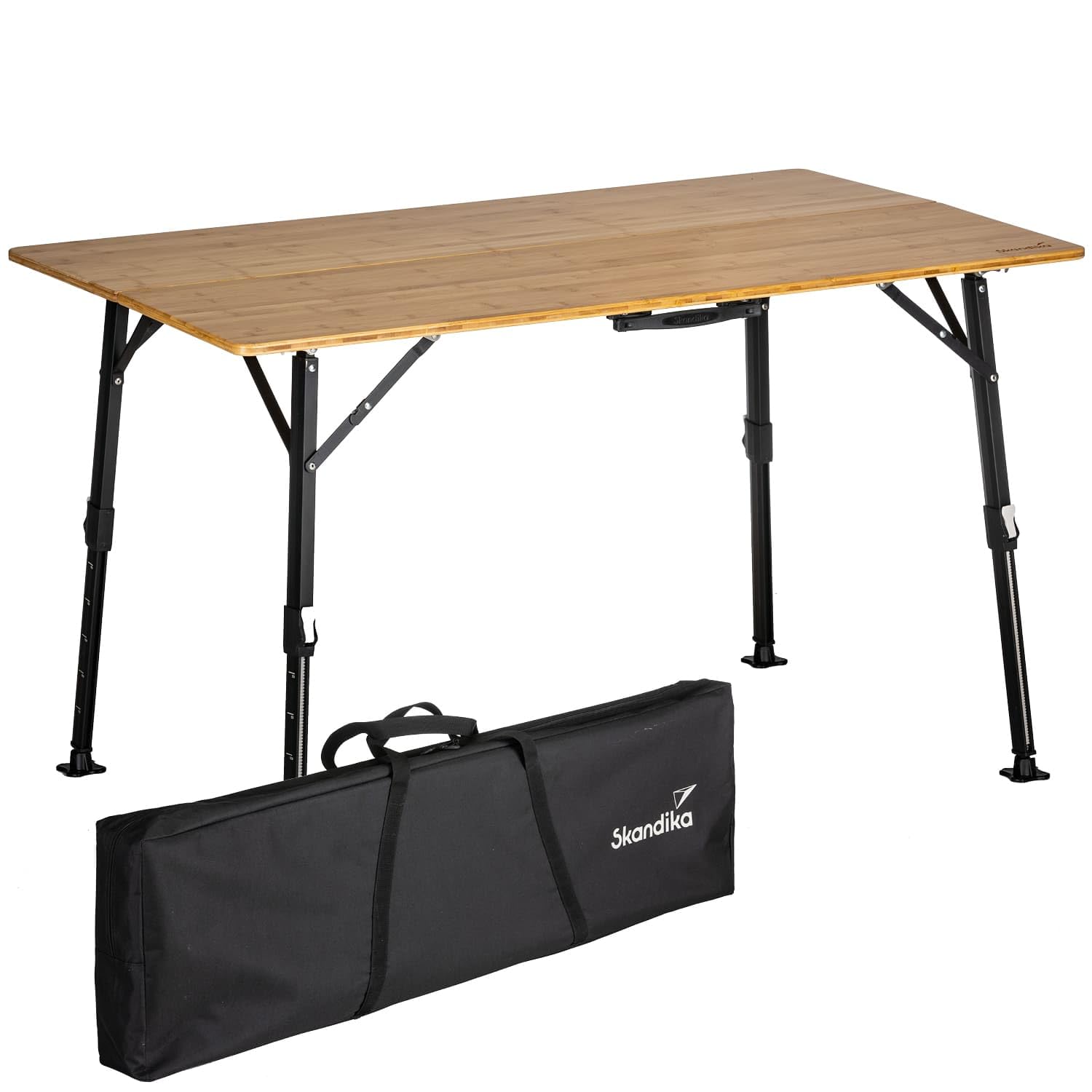 Skandika Tobro Tavolo da campeggio pieghevole | piano in bambù, regolabile in altezza, capacità di carico di 100 kg, resistente alle intemperie, borsa per il trasporto (120x70x70cm)