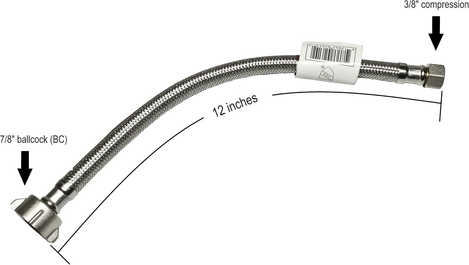 Complete Toilet Set Valve 1/2 in. NOM Inlet x 3/8 in. OD Compression Outlet Angle Shut Off + Escutcheon Plate + 12" Long Stainless Steel Braided Brass Nut Water Supply Line