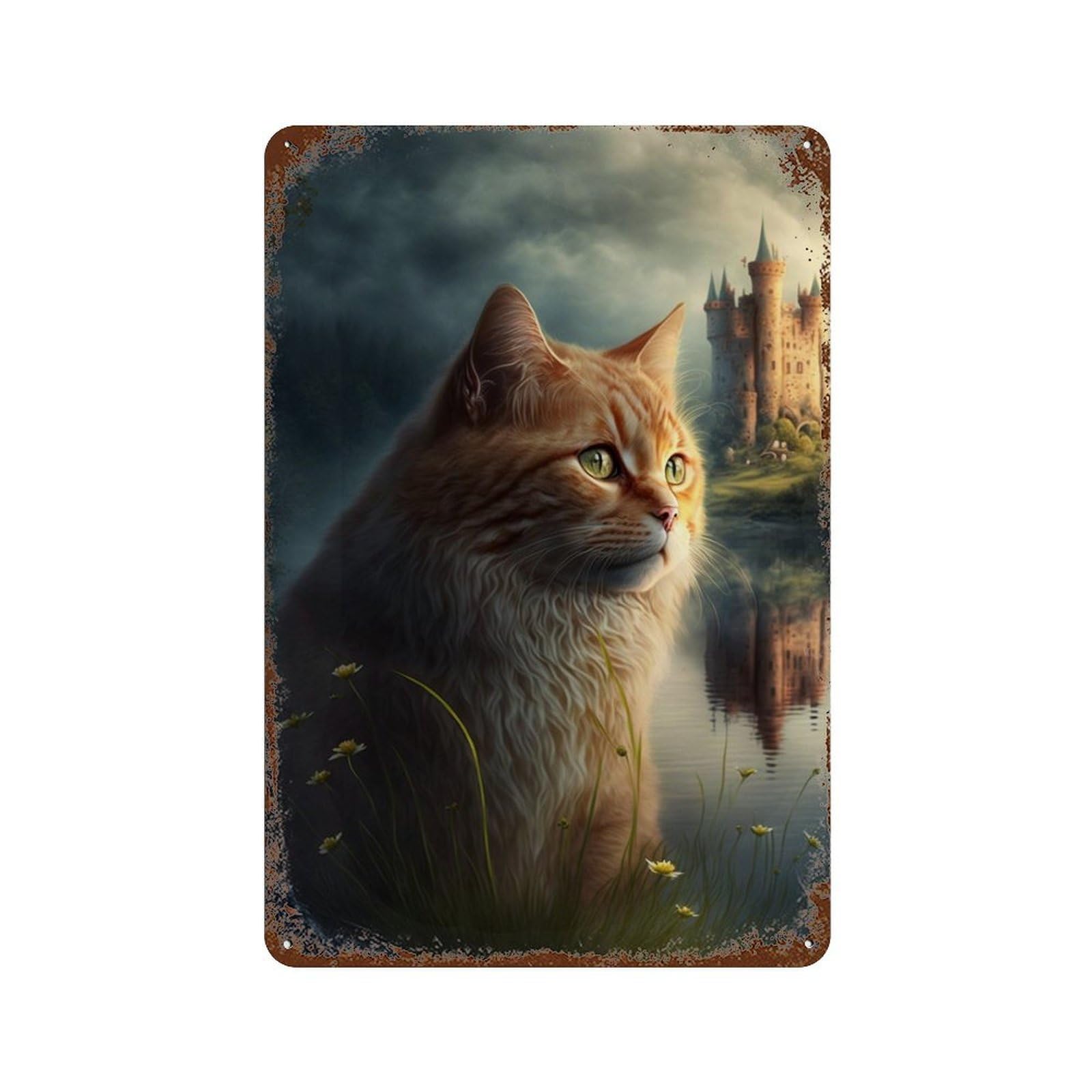 Fantasy Cat Castle Scene-2 Aged Metal Wall Plaque 11.8"x7.9", for Basement, Hobby Room And Garage Decor, Rustic Home Decor