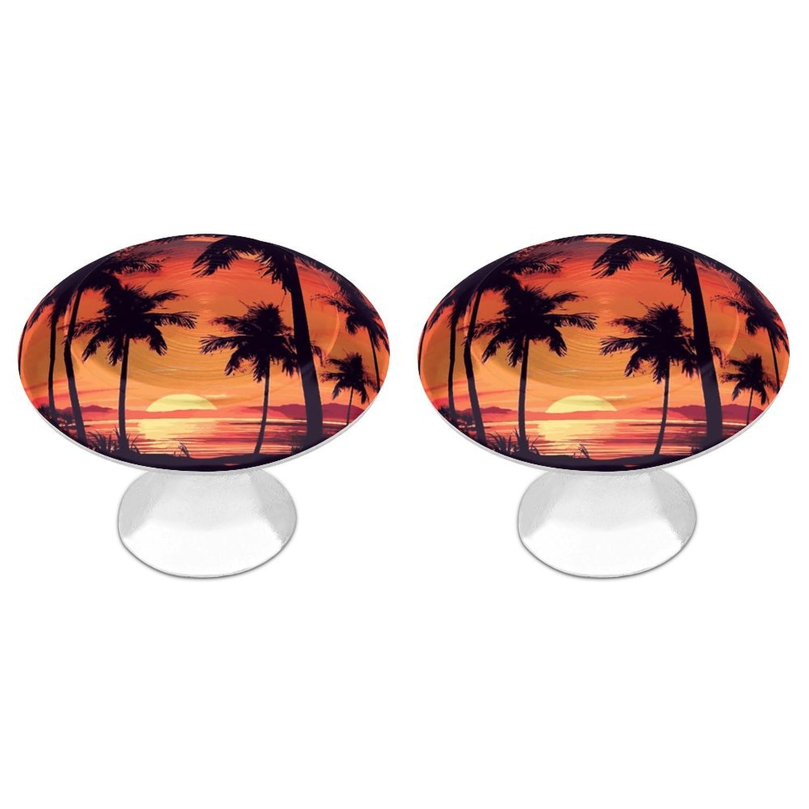 FekiLoot Palm Tree Summer Sunset Cabinet Knobs Personality Stainless Steel Round Drawer Handles Circle Modern Cabinet Handles Drawer Knobs for Kitchen Dresser Bathroom Cupboard Furniture