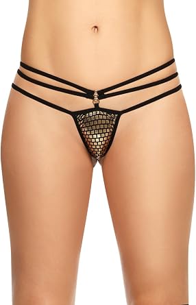 Womens Multi-Strap Three-Strap Thong Panty with Decorative Front Charm with Shimmer Mesh Panel