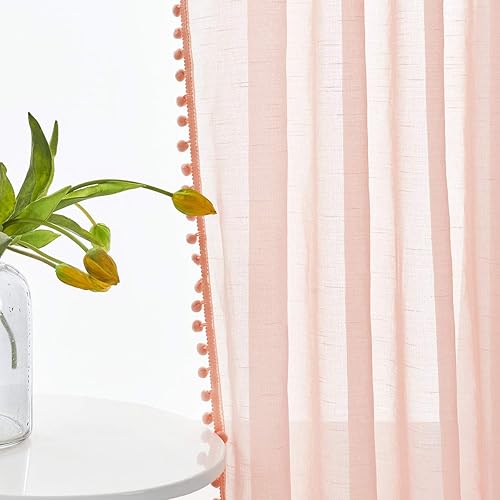 Miniatura 8 de Treatmentex Cortinas traslúcidas con pompones para dormitorio de niñas, 63 pulgadas, cortinas para ventana de sala de estar, cortinas de ventana de
