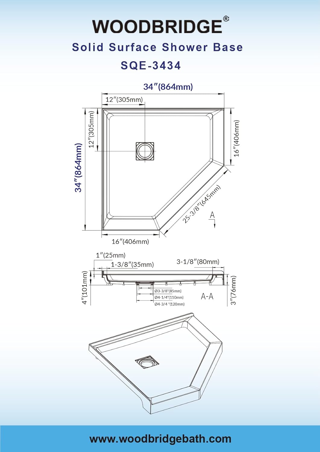WOODBRIDGE 34" x 34" Neo-Angle Solid Surface Shower Base, Corner Shower Pan with Slip-Resistant Surface, Brushed Gold Drain Cover Included – White