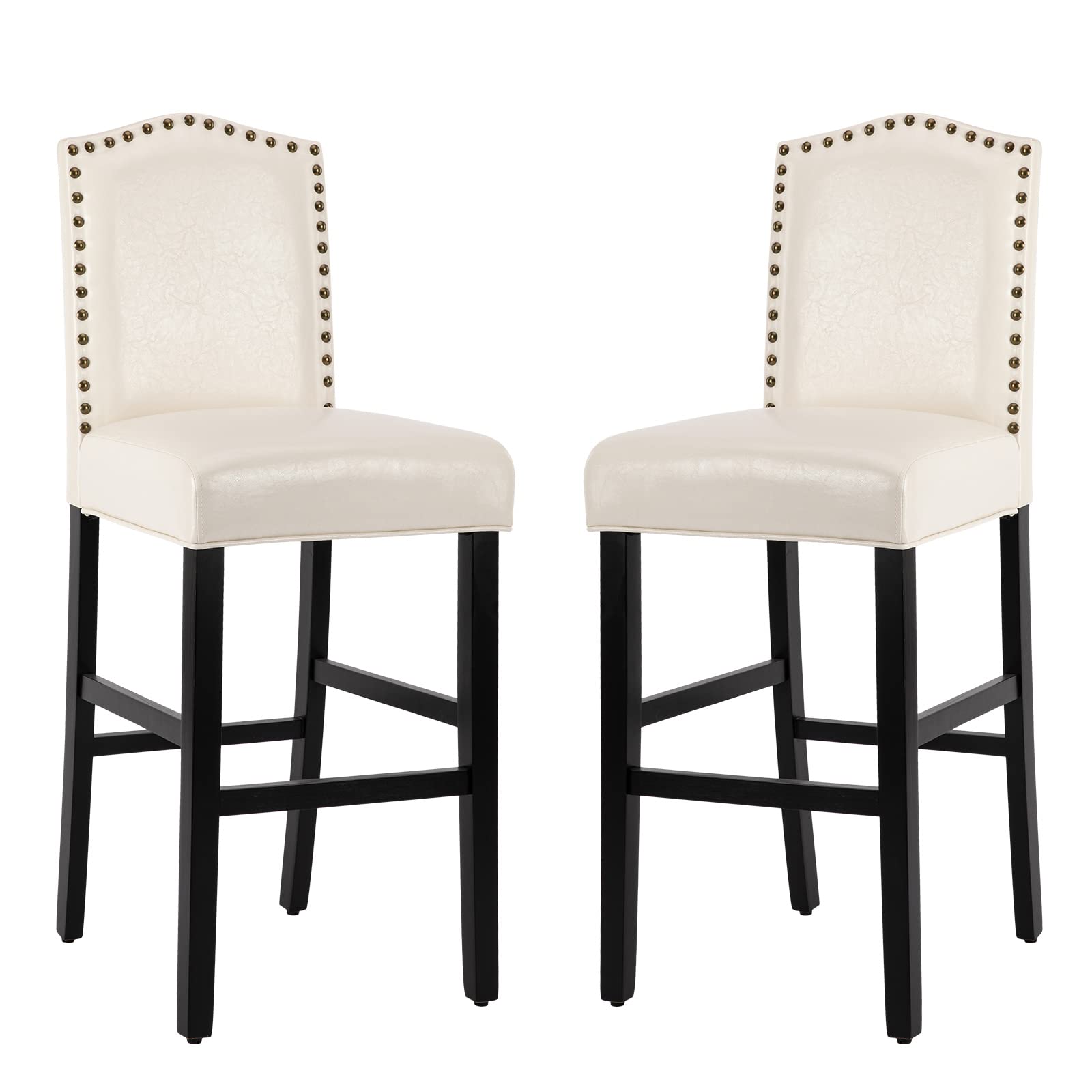 COLAMY Tall Bar Height Stools 30 Inch Set of 2, Upholstered PU Leather Accent Tall Barstool Wooden Legs Nailhead Trim Full Padded Back Support for Dining Room Kitchen Pub Cafe, White