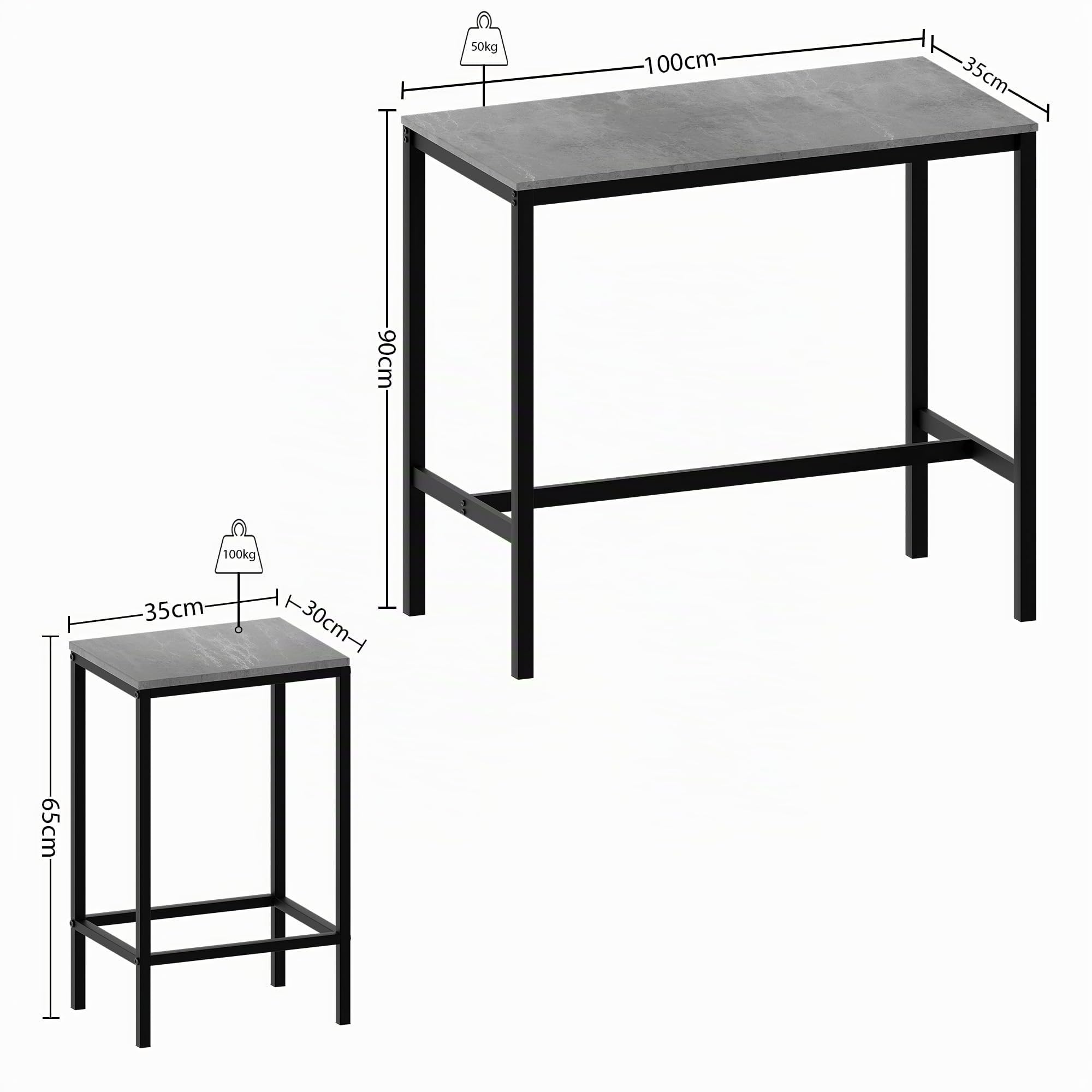Vida Designs Roslyn Ensemble de table 3 pièces avec 2 tabourets/chaises, design compact pour salle à manger, cuisine, bar, appartement, balcon, jardin avec cadre en acier industriel, 90 x 100 x 50 cm