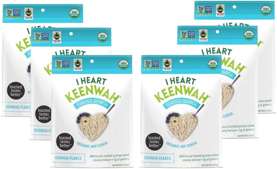 I Heart Keenwah Toasted Quinoa Flakes Hot Cereal, Plain, Unsweetened, 9oz, Organic, Gluten-Free (Pack of 6)