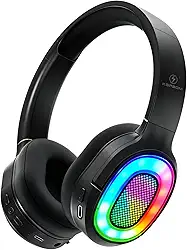 Fones de ouvido Bluetooth com luz LED, com microfone estéreo, fones de ouvido sem fio dobráveis, para viagens de jogos/escritório em casa/PC/celular (Preto)