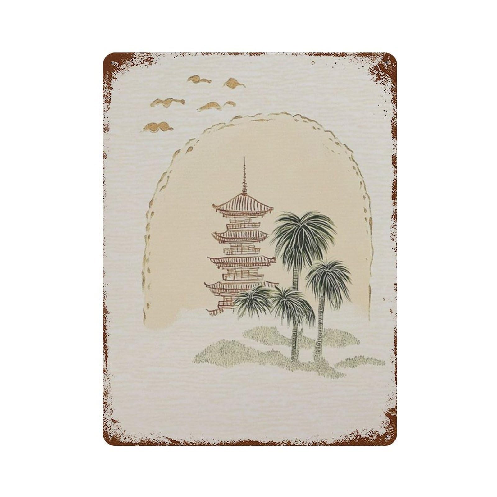xiaoxiaoshen Japanese Pagoda Minimal Zen Landscape Neutral Asian Temple Wall Decor Art Metal Tin Poster Modern Home Decor Art Home Bar Shop Decorations Vintage Sign 40x30cm