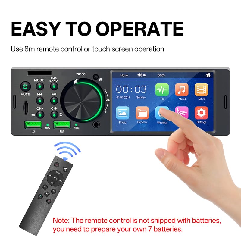 4.1” Car Radio 1din Mp5 Multimedia Player Touch Screen Bluetooth Stereo FM Receiver Hands Free USB TF 7 Colors Lighting