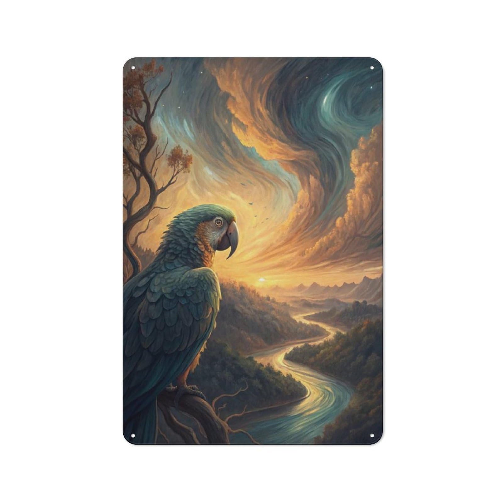 Parrot Overlooking A River Valley at Sunset Garden Room Metal Sign 30x20cm, Vintage Shed Wall Decor for Conservatory, Home Bar Or Utility Room