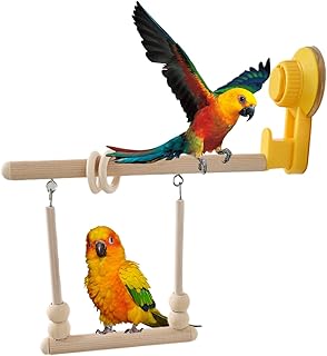 小鳥用止まり木スタンド バードパーチ | 木製天然枝スイング ブランコ,強力吸盤付き小鳥用止まり木 - クライミング トレーニング、オカメインコ、コンジュール、セキセイインコ、小動物 用