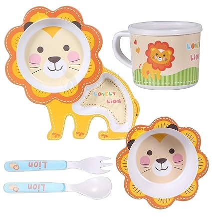 Aebco Lion Animal Shape Bamboo Dinner Set for Kids - Eco Friendly Dishwasher Safe Plate Bowl Cup Spoons and Forks Set - Enjoy Pasta Noodle Bowl Soup Ice Cream