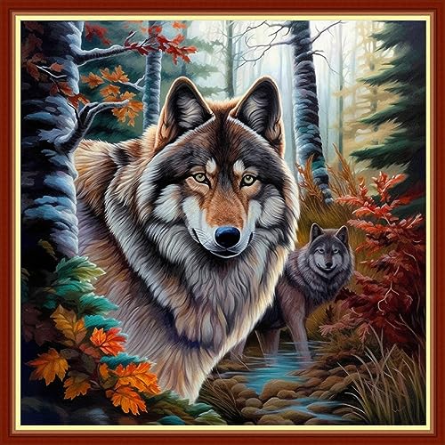 Image of Foxhool Beginners Cross Stitch Kits Stamped Full Range of Embroidery Kits for Adults DIY Cross Stitches kit Embroidery Patterns for Needlepoint kit-Wolf King 17.7x17.7 inch