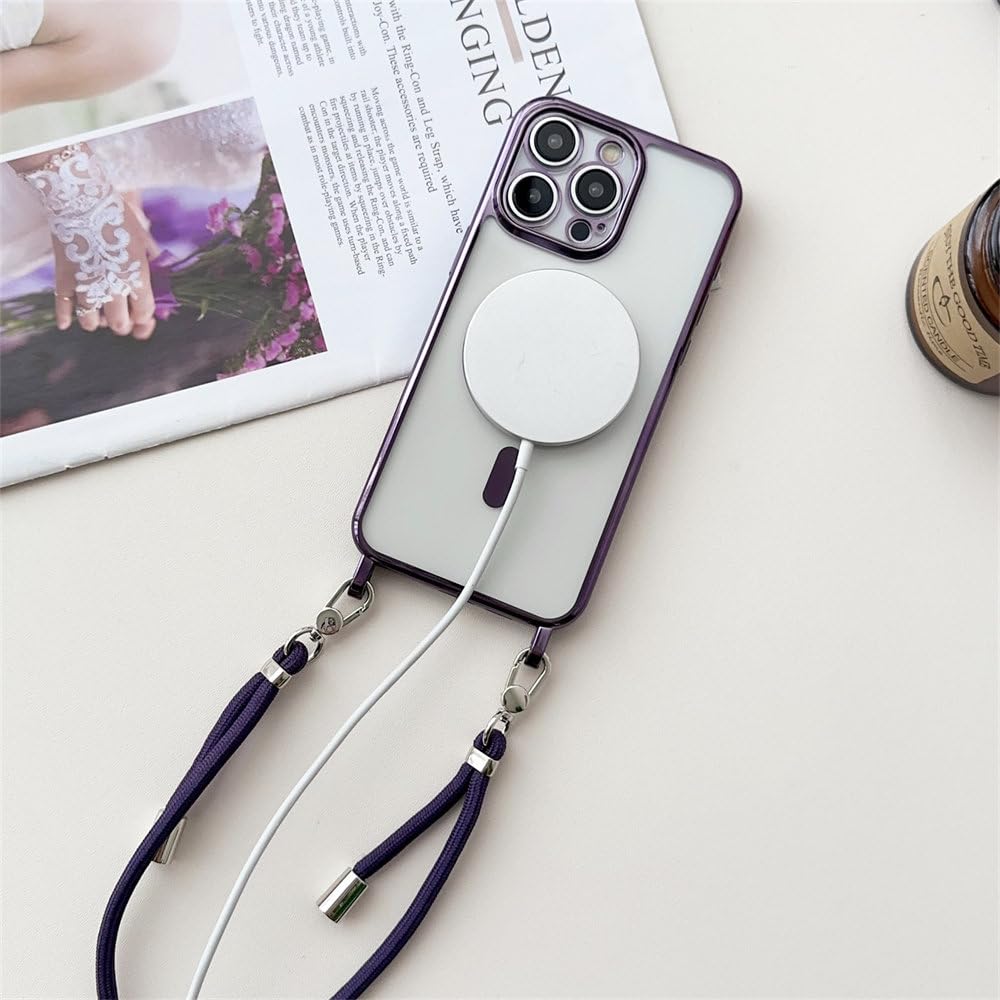 Umhängeband mit Handgelenkschlaufe, magnetische Handyhülle für iPhone 16 15 14 13 12 Pro Max 14 15 16 Plus, kabellose Ladebeschichtung, transparente Abdeckung, Silber, für iPhone 16