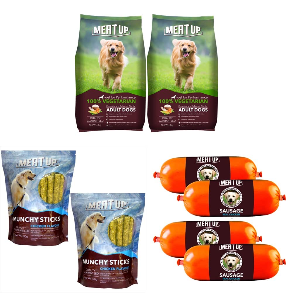 Meat Up 100% Veg Adult Dry Dog Food, 3kg (Buy 1 Get 1 Free) & Real Chicken Sausage (Pack of 2), 150gm per Sausage (Buy 1 Get 1 Free) & Munchy Sticks, Chicken Flavour, 700 g (Buy 1 Get 1 Free) (B0BDS3JL5B) Amazon Price History, Amazon Price Tracker