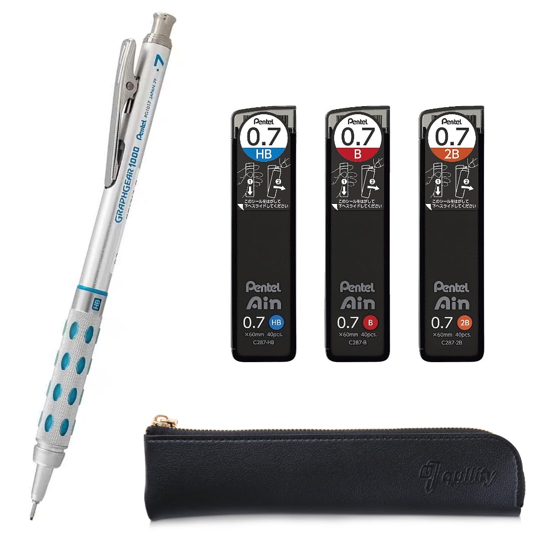 Graph Gear 1000 Mechanical Drafting Pencil + Ain HB/B/2B leads, qullity original Black slim pen case (0.7)