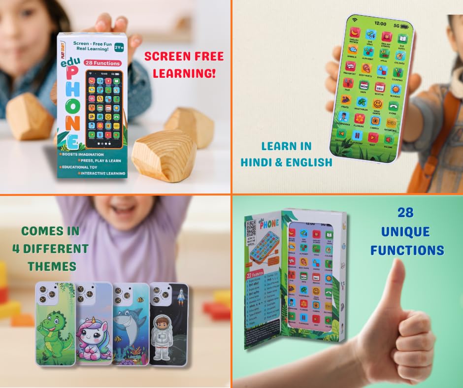 Image of Play Craft EduPhone Educational Type-C Rechargeable Musical Toy 28 Functions Recording, Alphabet, Numbers, Varnmala, Animal Sounds, Nursery Rhymes in English & Hindi (Green)