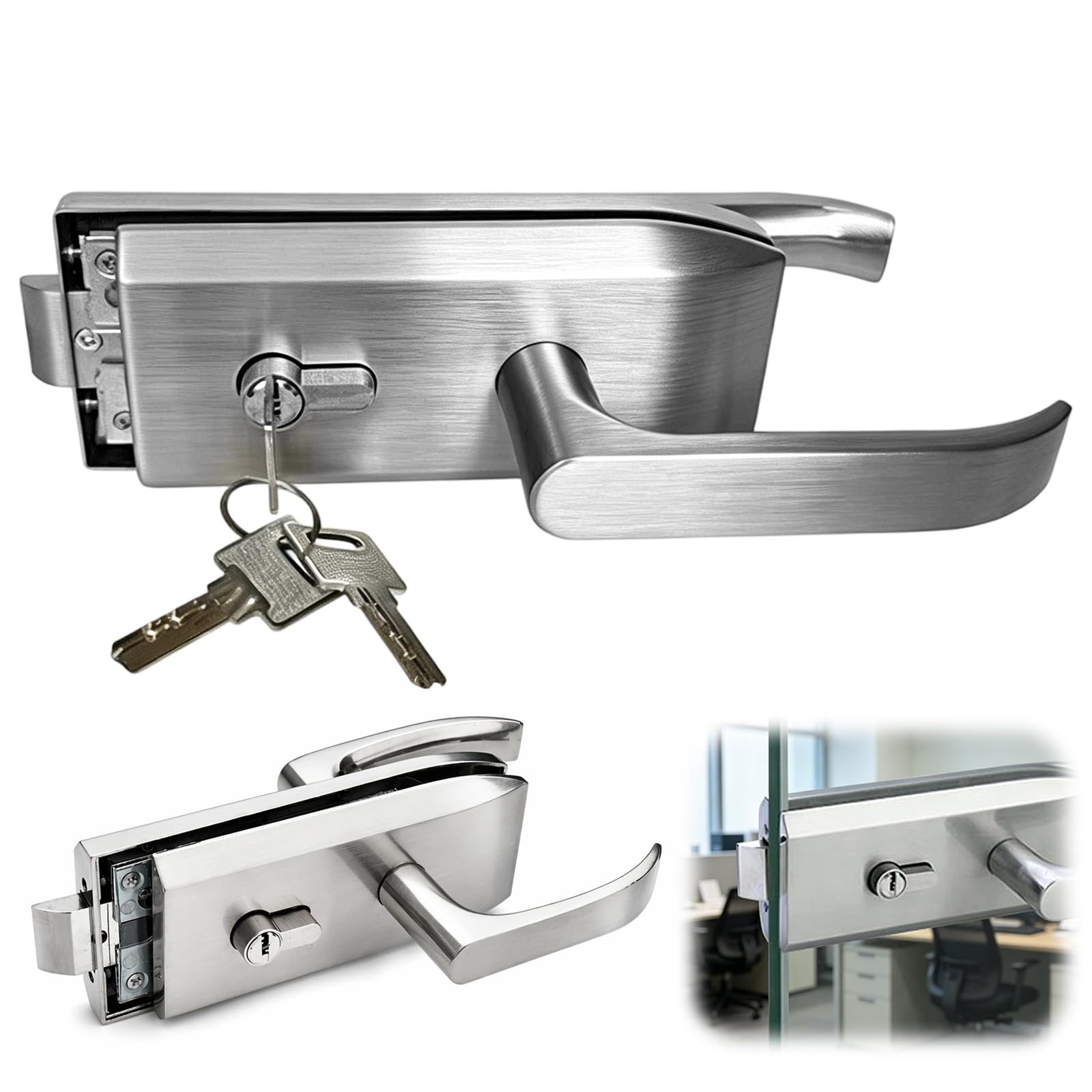 Serrure de porte en verre en acier inoxydable avec poignée coulissante et 3 clés pour bureau, salle de bain, balcon, ferrure de porte en verre pour épaisseur de verre de 8 à 12 mm, espace de
