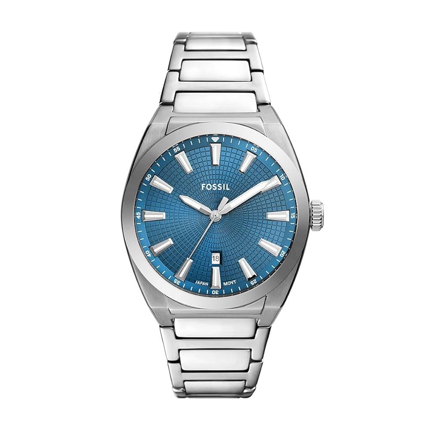 Fossil Orologio Everett da uomo, Movimento al quarzo con data a tre lancette e cinturino in pelle o acciaio inossidabile, 42 mm, Tono argento