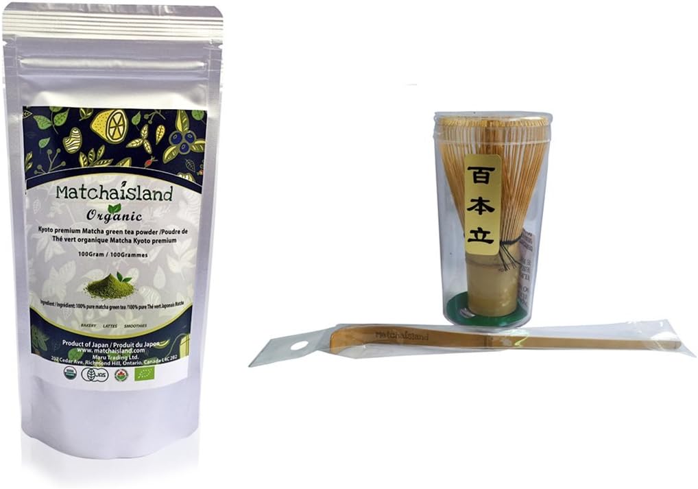 Matchaisland Premium Authentic Uji Kyoto Matcha Handmade Bamboo Whisk and Bamboo Spoon Set Rich in Antioxidant, Boost Metabolism and Burn Calories, Improve Cholesterol, 100 g